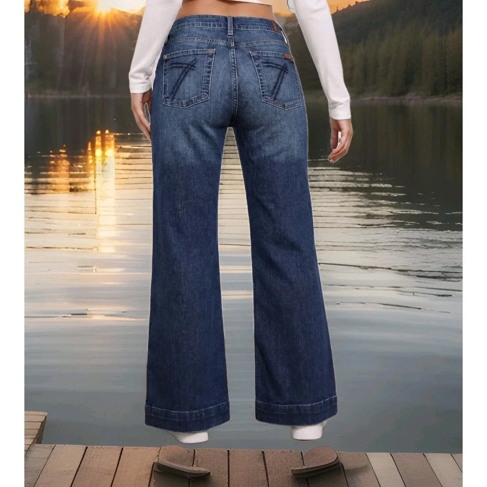 👖7 For All Mankind Jeans Womens 29 Indigo Wash Fading DOJO Flare Bootcut USA - Picture 1 of 16